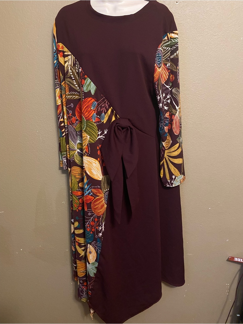 Autumn With A Bow Plum Long-Sleeve A-Line Modest Dress with Floral Print Panels